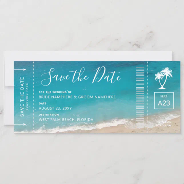 Beach Wedding Boarding Pass Moody Teal Ocean Photo Save The Date | Zazzle