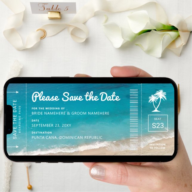 Beach Wedding Boarding Pass Moody Teal Ocean Photo Save The Date (Front Digital)