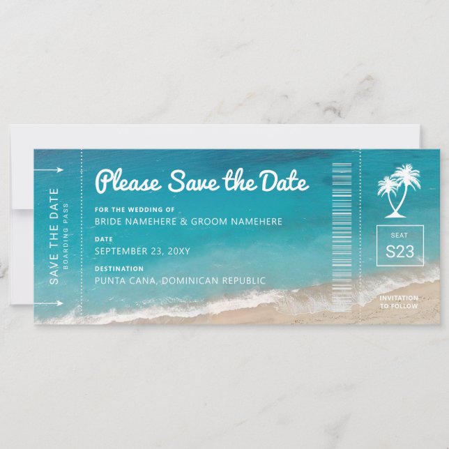 Beach Wedding Boarding Pass Moody Teal Ocean Photo Save The Date (Front)