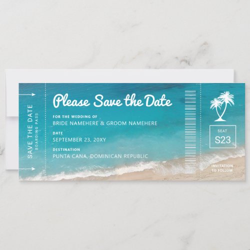Beach Wedding Boarding Pass Moody Teal Ocean Photo Save The Date
