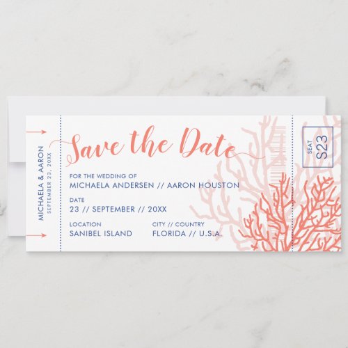 Beach Wedding Boarding Pass Save Date Coral Pink Announcement