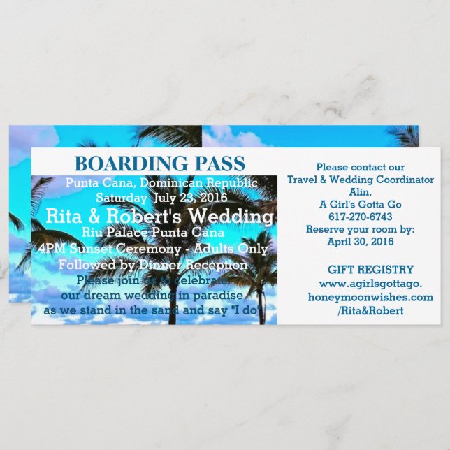Beach Wedding | Boarding Pass Ticket-Destination Invitation (Front/Back)