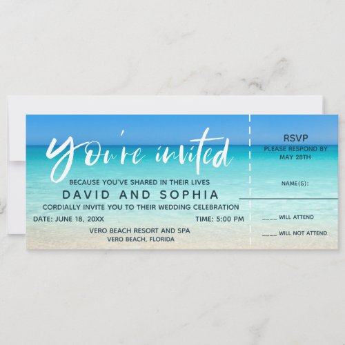 Beach Wedding Boarding Pass Ticket RSVP Invitation