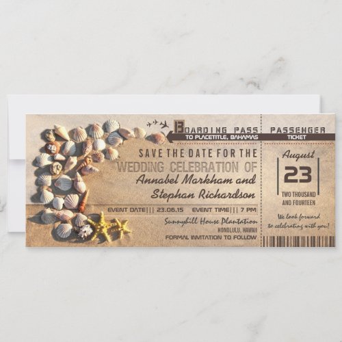 beach wedding boarding pass tickets save the date
