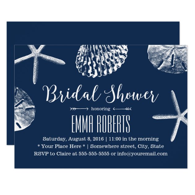 Beach Wedding Bridal Shower Navy Blue Seashells Invitation