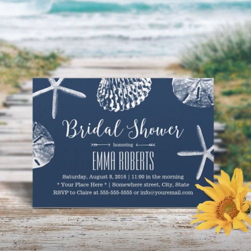 Beach Wedding Bridal Shower Navy Blue Seashells Invitation