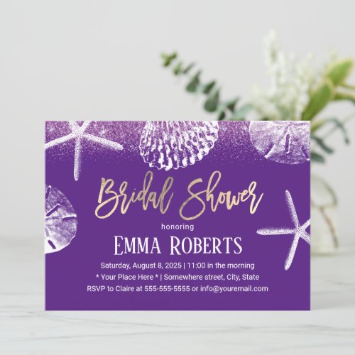 Beach Wedding Bridal Shower Purple Seashells Invitation