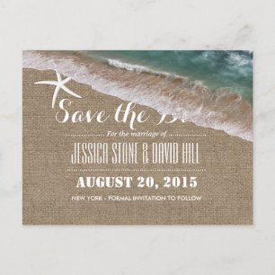 Beach Wedding Burlap & Starfish Save the Date Announcement Postcard
