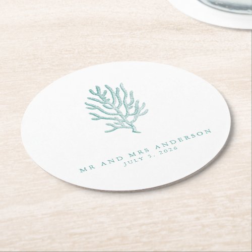 Beach Wedding Coastal Coral Turquoise Round Paper Coaster