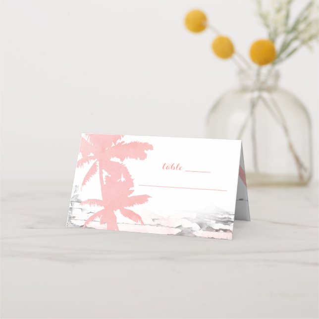 Beach Wedding Coral Palm Trees Wood Place Card (Front)