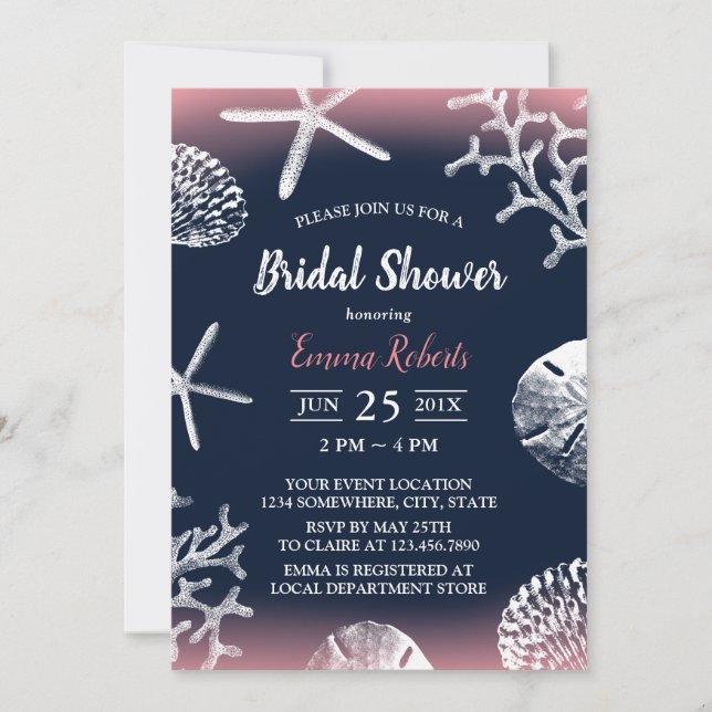 Beach Wedding Coral Reef Navy & Pink Bridal Shower Invitation (Front)
