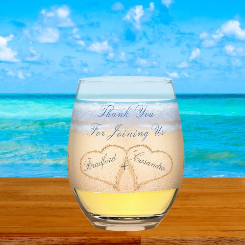  Beach Wedding Couples Names in Hearts in Sand Tha Stemless Wine Glass