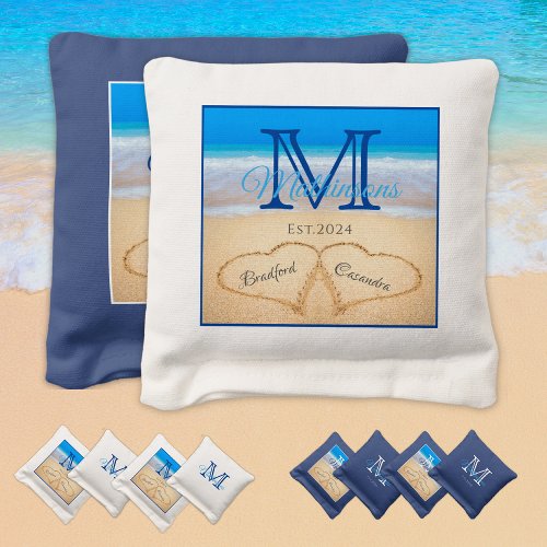 Beach Wedding Dark Blue Hearts in Sand monogrammed Cornhole Bags