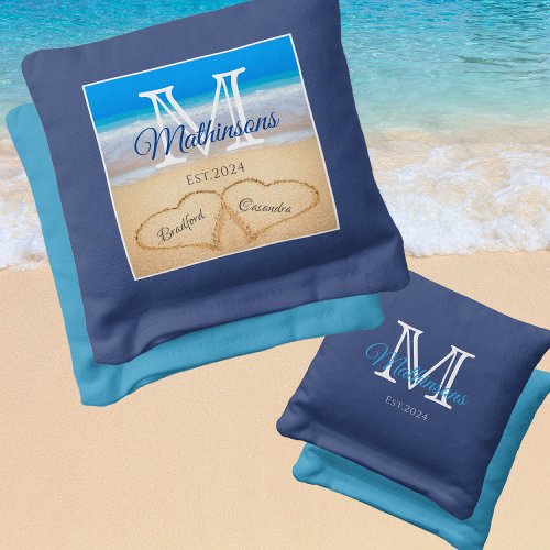 Beach Wedding Dark Blue Teal Hearts Sand monogram Cornhole Bags