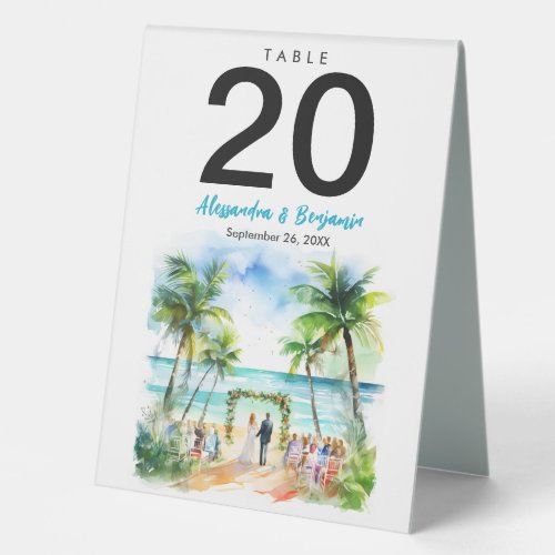 Beach Wedding Day in Watercolor Wedding Table Tent Sign