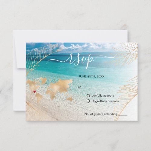 Beach Wedding Destination Passport Gold World Map RSVP Card