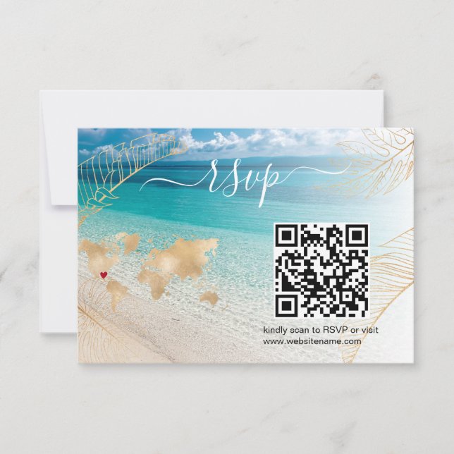 Beach Wedding Destination Passport  Map QR Code RSVP Card (Front)