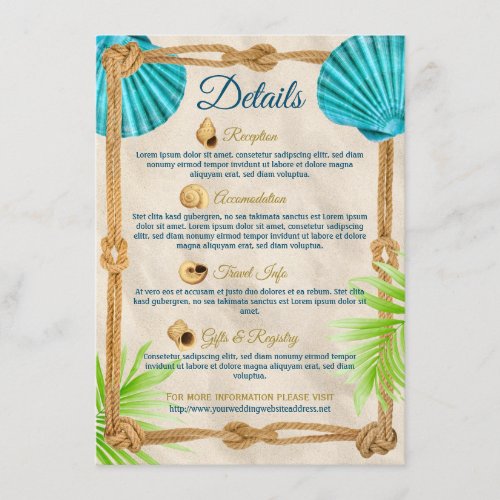 Beach Wedding Details Turquoise Seashell Rope Palm Enclosure Card