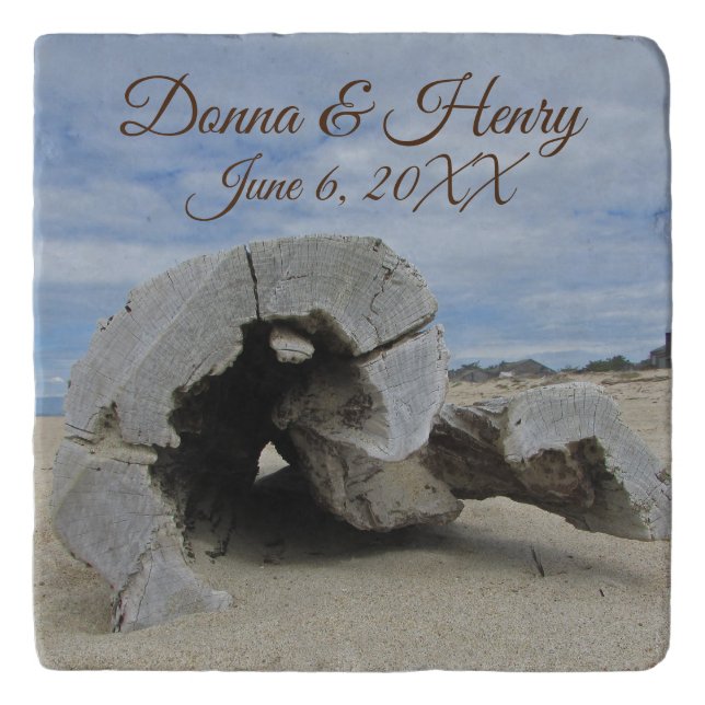 Beach Wedding Driftwood on Sand Keepsake Trivet (Front)