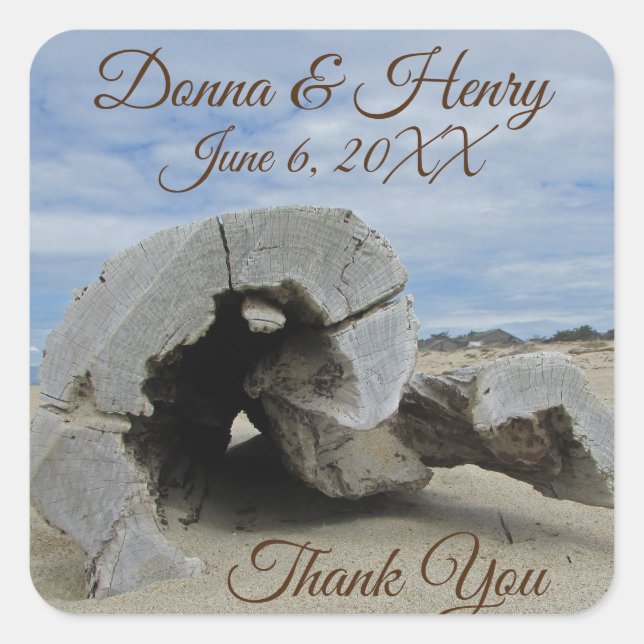 Beach Wedding Driftwood Photo Thank You Square Sticker (Front)