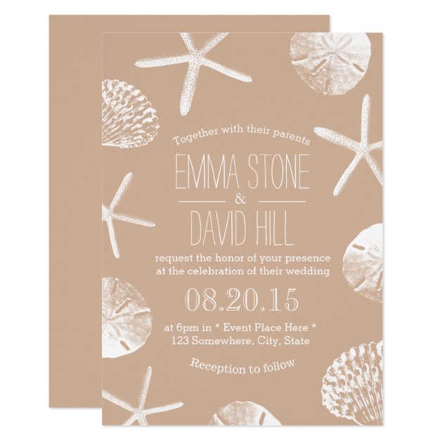 Beach Wedding Elegant Neutral Starfish Sand Dollar Invitation