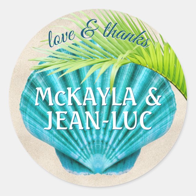 Beach Wedding Favor Love & Thanks Shell Palm Leaf Classic Round Sticker (Front)