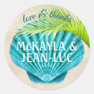 Beach Wedding Favor Love & Thanks Shell Palm Leaf Classic Round Sticker