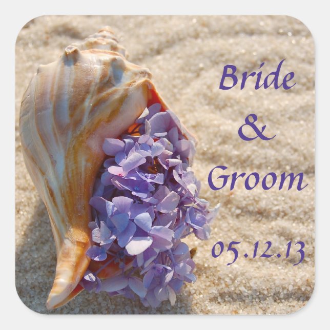 Beach Wedding Favor Sticker: Sea Shell & Hydrangea Square Sticker (Front)