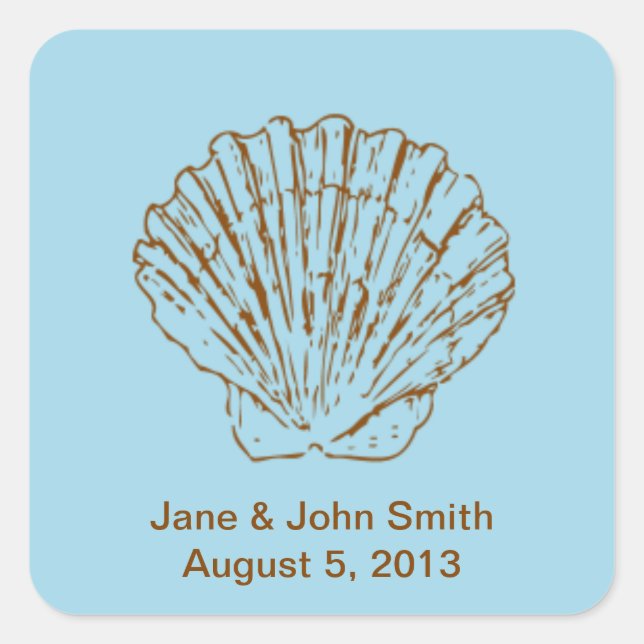 Beach Wedding Favor Stickers: Brown Shell on Blue Square Sticker (Front)