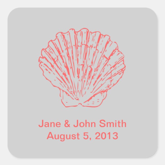 Beach Wedding Favor Stickers: Scallop on Gray Square Sticker (Front)