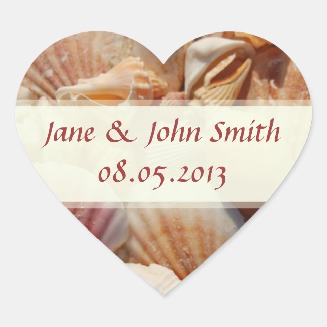 Beach Wedding Favor Stickers:  Seashells Heart Sticker (Front)