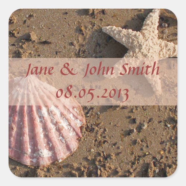 Beach Wedding Favor Stickers:  Shell and Starfish Square Sticker (Front)