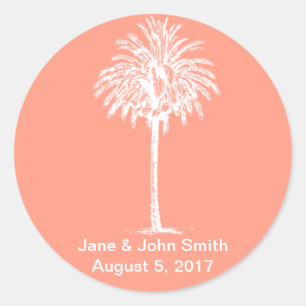 Beach Wedding Favor Stickers: White Palm on Coral Classic Round Sticker