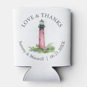 Beach Wedding Favor Watercolor Lighthouse  Can Cooler