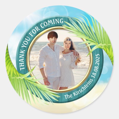 Beach Wedding Favor Your Photo Palm Leaf Tropical Classic Round Sticker