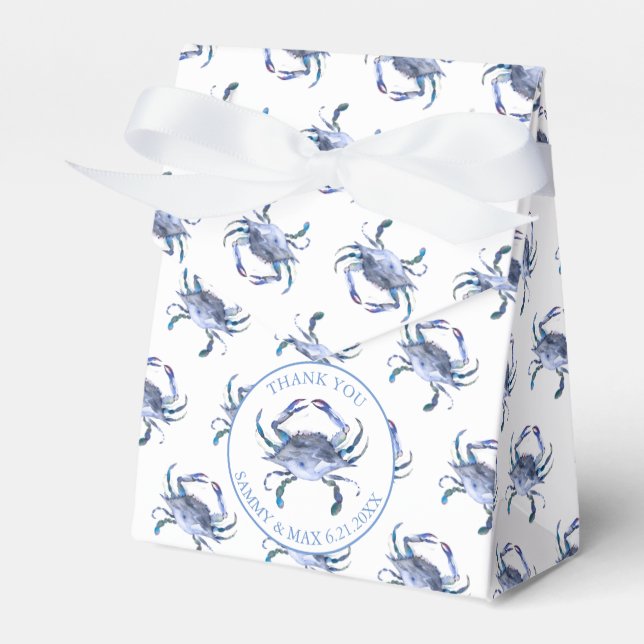Beach Wedding Favors | Blue Crab on White Favor Boxes (Front Side)
