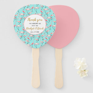 Beach Wedding Flamingo Pink Blue Thank You Wedding Hand Fan