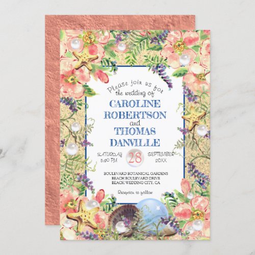 Beach Wedding Floral Coral Starfish Pearl Sand Invitation