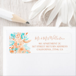 Beach wedding floral watercolor coral teal chic label