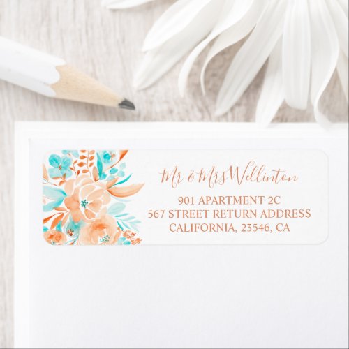 Beach wedding floral watercolor coral teal chic label