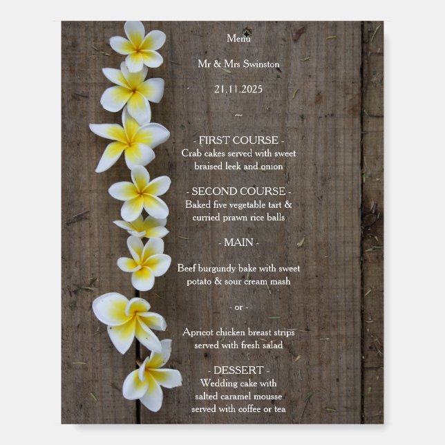 Beach Wedding Frangipani / Plumeria Rustic Menu Foam Board (Front)