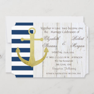 Beach Wedding Gold Anchor,Stripes,Wood  Invitation