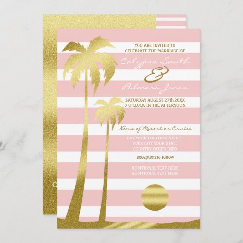 Beach Wedding Gold Glitter Palm Trees Pink Stripes Invitation