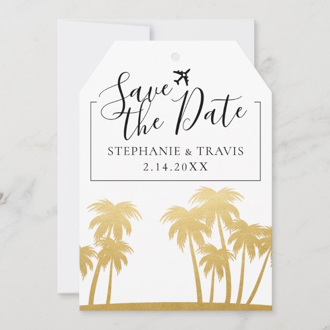 Beach Wedding Gold Palm Luggage Tag Save the Date (Front)