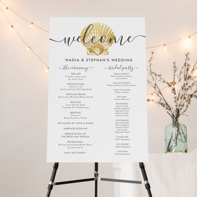 Beach Wedding Gold Seashell Welcome and Program Fo Foam Board (In Situ (Stand))