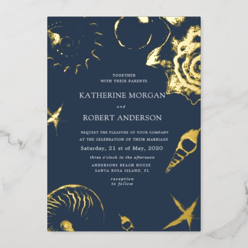 Beach wedding golden blue Wedding Foil Invitation