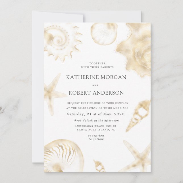 Beach wedding golden blue Wedding Invitation (Front)