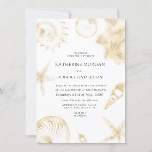 Beach wedding golden blue Wedding Invitation