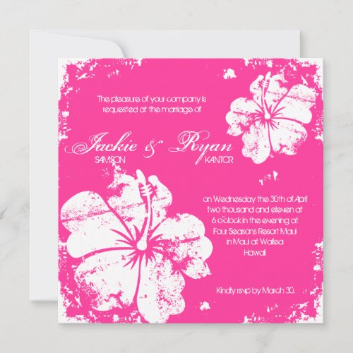 Beach Wedding Grunge Hibiscus Bright Pink Invitation