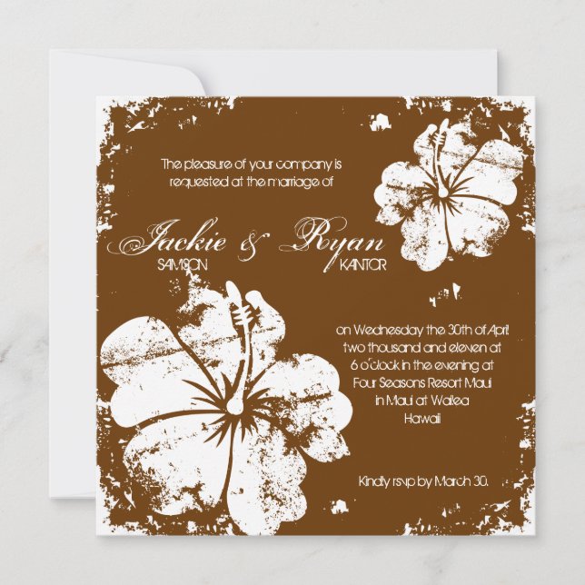 Beach Wedding Grunge Hibiscus Chocolate Brown Invitation (Front)